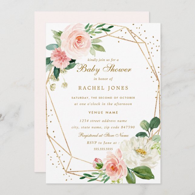 Blush Gold Floral Geometric Baby Shower Invite (Front/Back)
