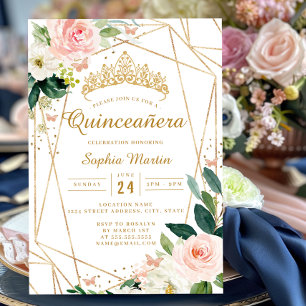 Blush Gold Floral Geometric Butterfly Quinceanera  Invitation