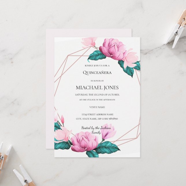 Blush Gold Floral Geometric Quinceanera  Invitatio Invitation (Front/Back In Situ)
