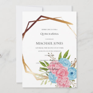 Blush Gold Floral Geometric Quinceanera  Invitatio Invitation