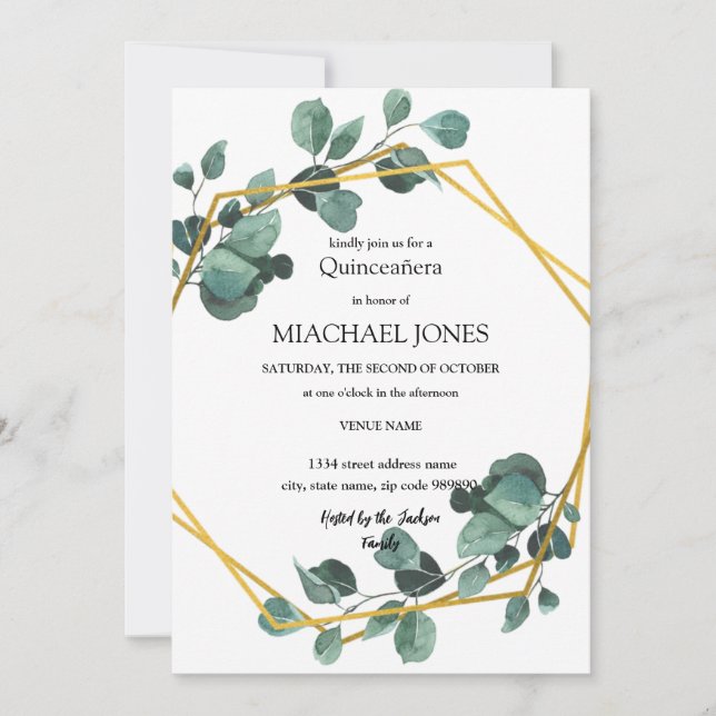 Blush Gold Floral Geometric Quinceanera Invitation (Front)