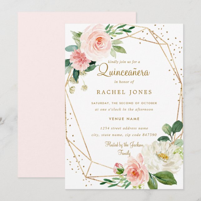 Blush Gold Floral Geometric Quinceanera Invitation (Front/Back)