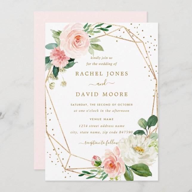 Blush Gold Floral Geometric Wedding Invitation (Front/Back)