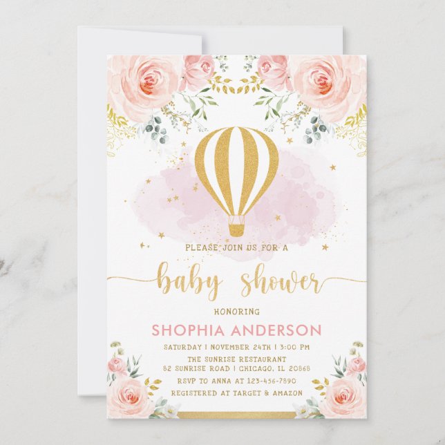 Blush Gold Floral Hot Air Balloon Girl Baby Shower Invitation (Front)