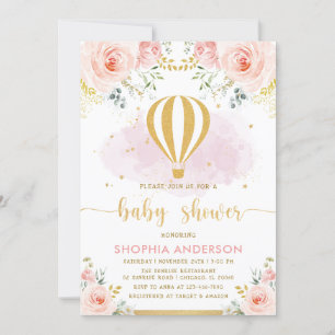 Blush Gold Floral Hot Air Balloon Girl Baby Shower Invitation