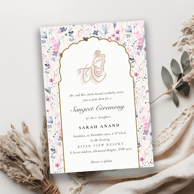 Blush Gold Floral Krishna Indian Wedding Sangeet Enclosure Card (Creator Uploaded)