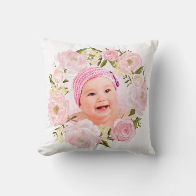 Blush Gold Floral Monogram Custom Photo Nursery Cushion (Front)