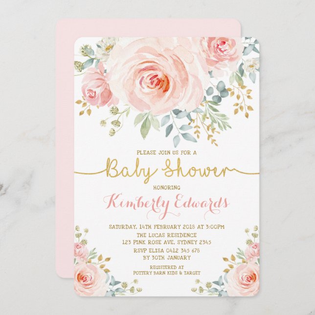 Blush Gold Floral Rose Girl Baby Shower Invitation (Front/Back)