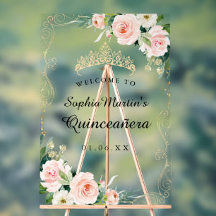 Blush Gold Floral Swirl Quinceanera Acrylic Sign
