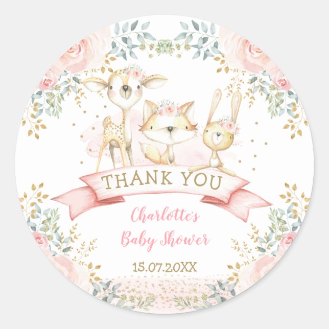 Blush Gold Floral Tribal Woodland Animals Baby Classic Round Sticker (Front)