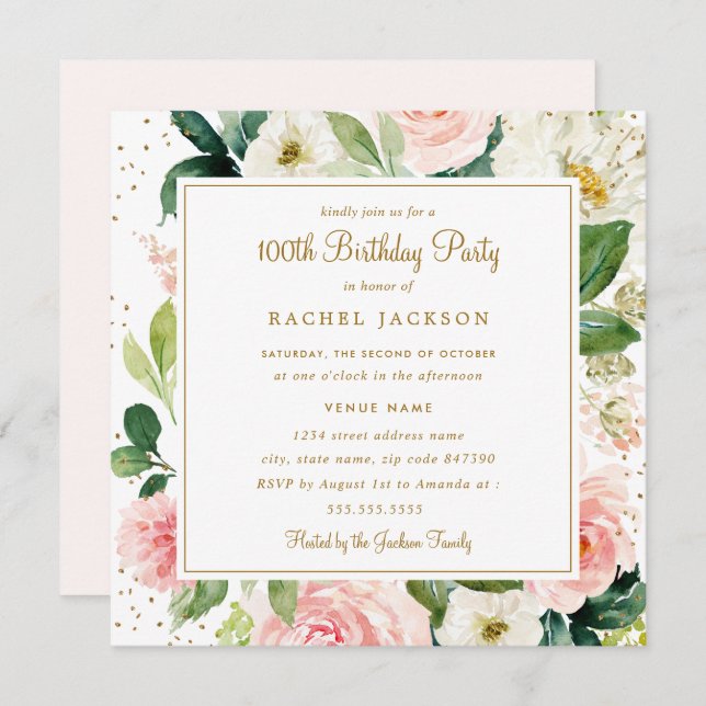 Blush Gold Floral Watercolor 100th Birthday Invite (Front/Back)