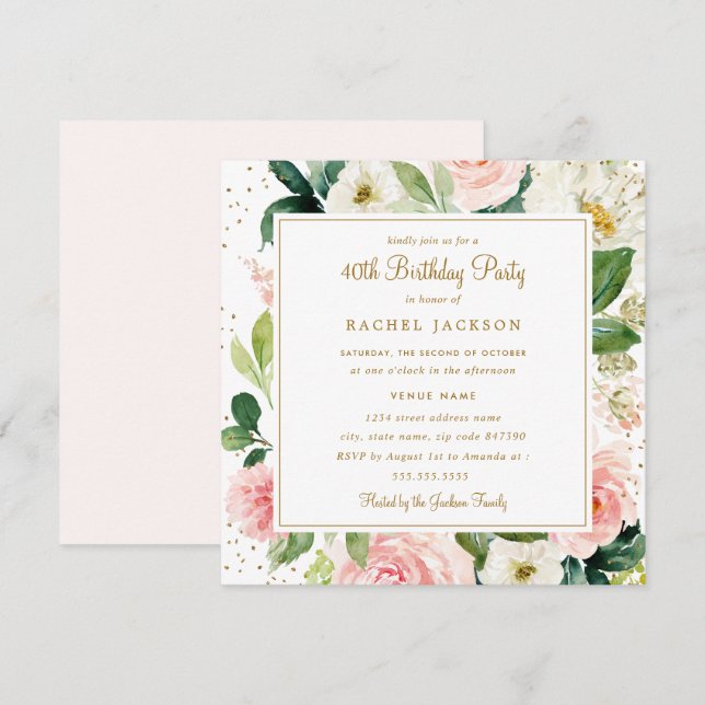 Blush Gold Floral Watercolor 40th Birthday Invite (Front/Back)