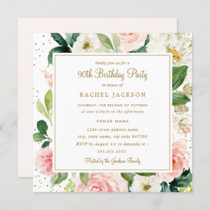 Blush Gold Floral Watercolor 90th Birthday Invite