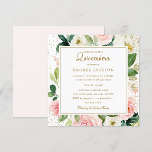 Blush Gold Floral Watercolor Quinceanera Invite