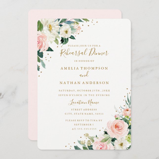 Blush Gold Floral Watercolor Rehearsal Dinner Invitation (Front/Back)