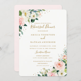 Blush Gold Floral Watercolor Rehearsal Dinner Invitation