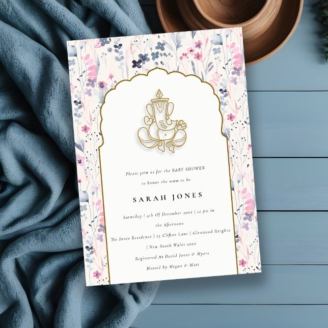 Blush Gold Flower Ganesh Indian Baby Shower Invitation (Creator Uploaded)