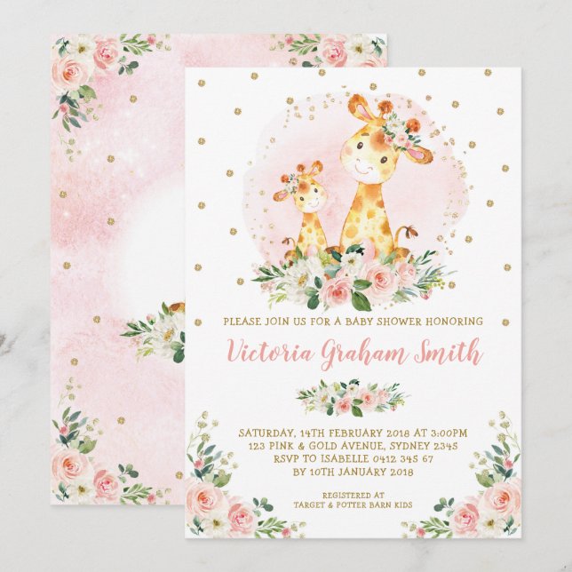 Blush Gold Giraffe Girl Baby Shower Floral Roses Invitation (Front/Back)