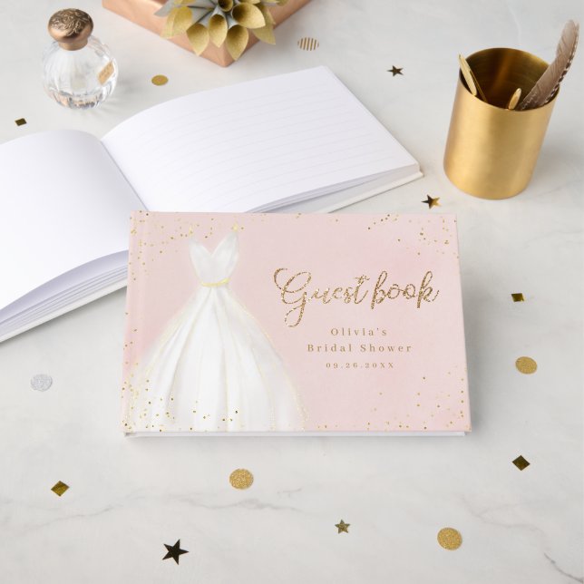 Blush Gold Glitter Elegant Dress Bridal Shower Guest Book (Front Open)