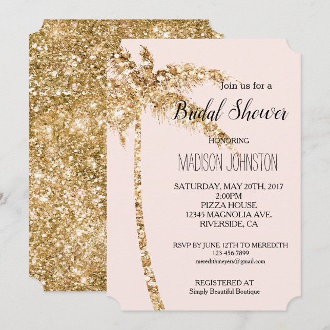 Blush Gold Glitter Palm Tree Bridal Shower Invitation (Front/Back)