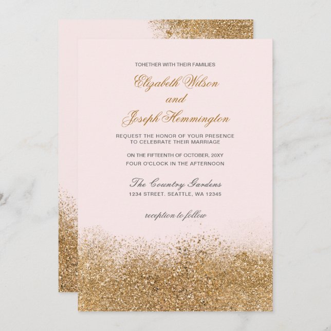 Blush Gold Glitter Sparkle Elegant Wedding Invitation (Front/Back)