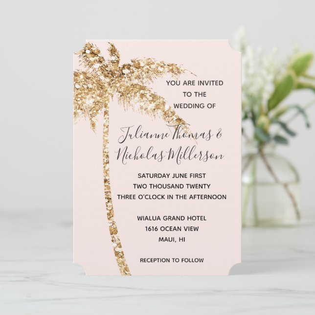 Blush Gold Glitter Tropical Palm Tree Invitation (Standing Front)