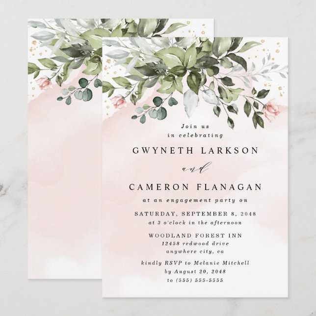 Blush Gold Greenery Dusty Blue Engagement Party Invitation (Front/Back)