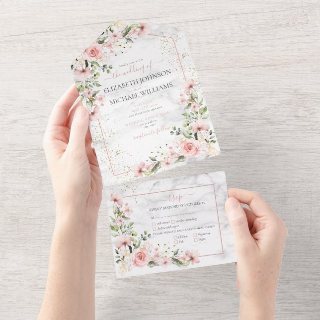 Blush Gold Greenery Dusty Pink Floral Wedding All In One Invitation (Tearaway)