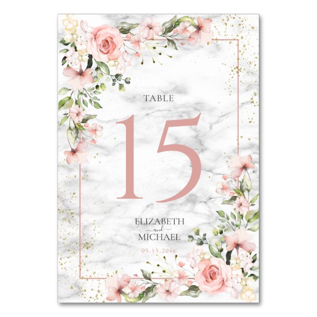 Blush Gold Greenery Dusty Pink Floral Wedding Table Number (Front)
