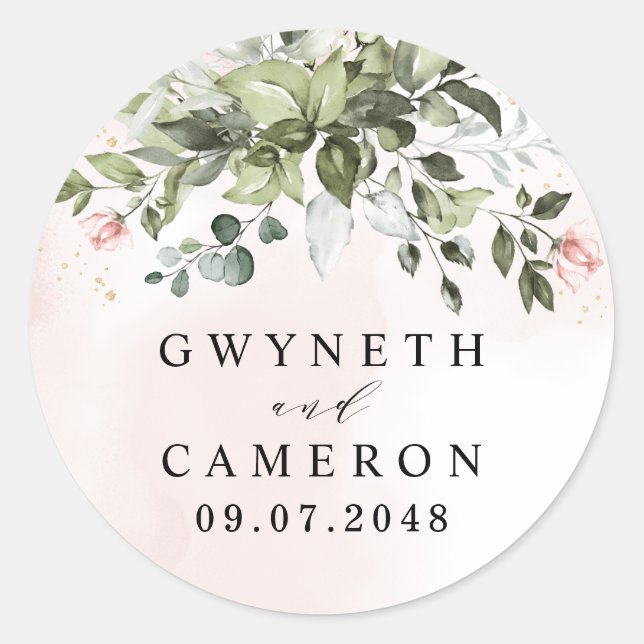 Blush Gold Greenery Succulent Dusty Blue Wedding Classic Round Sticker (Front)