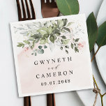 Blush Gold Greenery Succulent Dusty Blue Wedding Napkin<br><div class="desc">Design features light or blush pink watercolor splashes with printed gold simulated flecks. Design also features blush pink rose floral elements within a greenery bouquet or wreath. The wreath contains a succulent, eucalyptus and other greenery elements in shades of dark emerald green, sage green, dusty blue and more to fit...</div>
