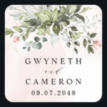 Blush Gold Greenery Succulent Dusty Blue Wedding Square Sticker<br><div class="desc">Design features light or blush pink watercolor splashes with printed gold simulated flecks. Design also features blush pink rose floral elements within a greenery bouquet or wreath. The wreath contains a succulent, eucalyptus and other greenery elements in shades of dark emerald green, sage green, dusty blue and more to fit...</div>