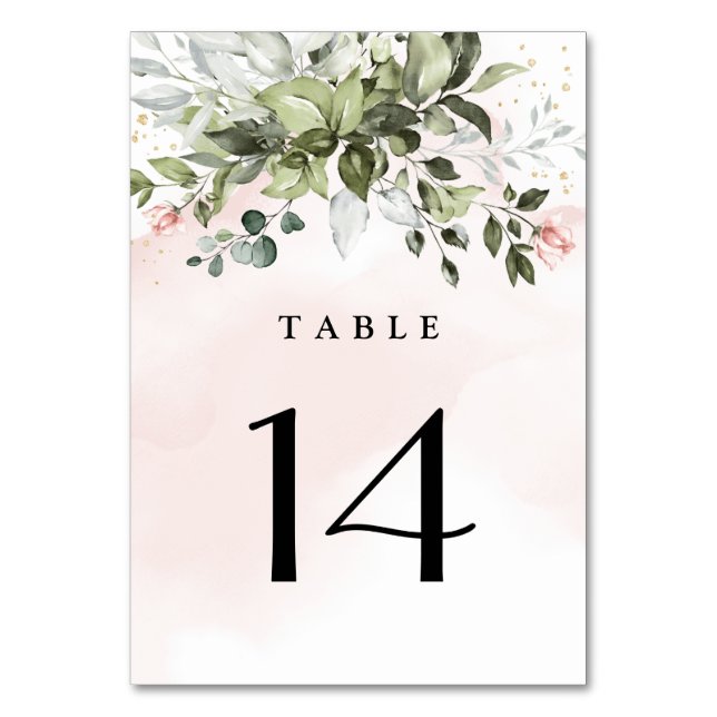 Blush Gold Greenery Succulent Dusty Blue Wedding Table Number (Front)