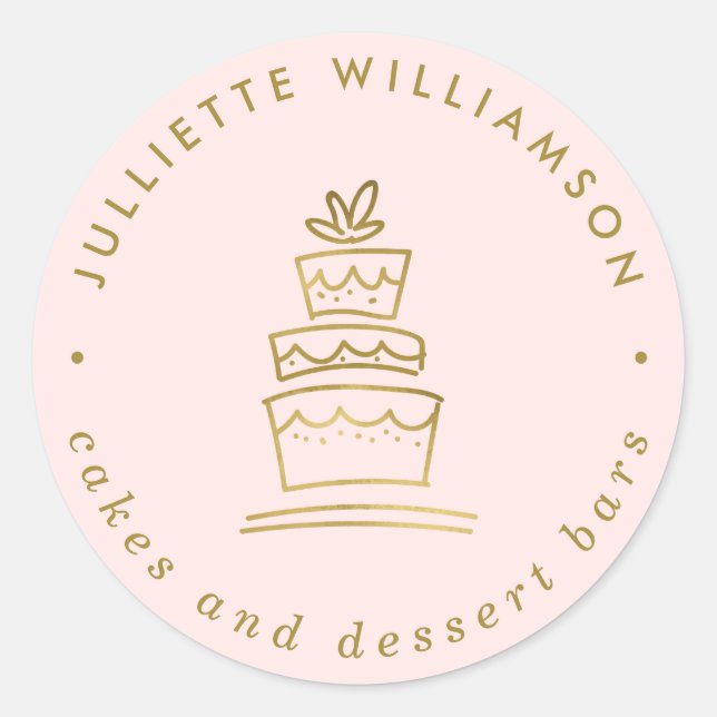 Blush & Gold Hand Drawn Wedding Cake Classic Round Sticker (Front)