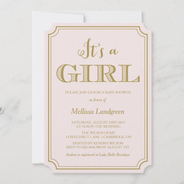 Blush & Gold It's a Girl Baby Shower Invitation (Front)