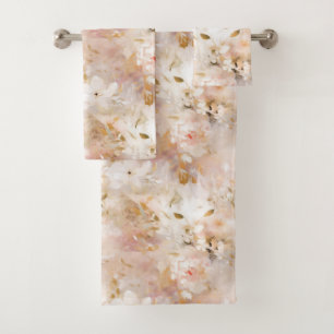 Blush, Gold, Mauve, Taupe Abstract Flowers Bath Towel Set