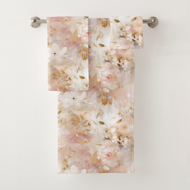 Blush, Gold, Mauve, Taupe Abstract Flowers Bath Towel Set (Insitu)