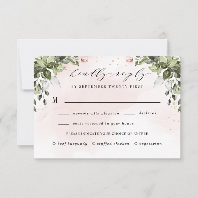 Blush Gold Meal Choice Greenery Dusty Blue Wedding RSVP Card (Front)