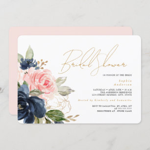 Blush Gold Navy Floral Bridal Shower Invitation
