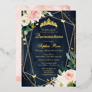 Blush Gold Navy Floral Butterfly Quinceanera