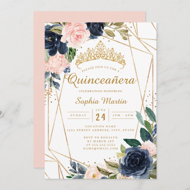 Blush Gold Navy Floral Geometric Quinceanera  Invitation (Front/Back)