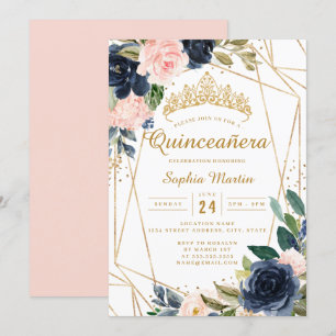 Blush Gold Navy Floral Geometric Quinceanera  Invitation