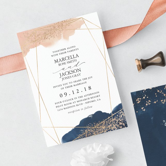 Blush, Gold & Navy Wedding Invitation (Creator Uploaded)