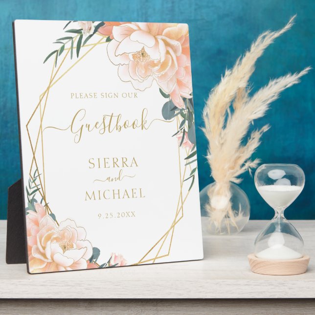 Blush Gold Peach Cream Floral Wedding Guestbook Plaque (Side)