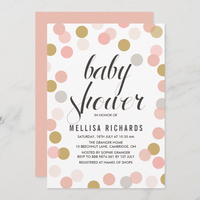 Blush & Gold Polka Dots Baby Shower Invitation (Front/Back)