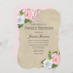 Blush & Gold Pretty Flowers Sweet 16 Invite