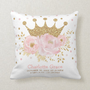 Blush Gold Royal Princess Crown Baby Birth Stats Cushion