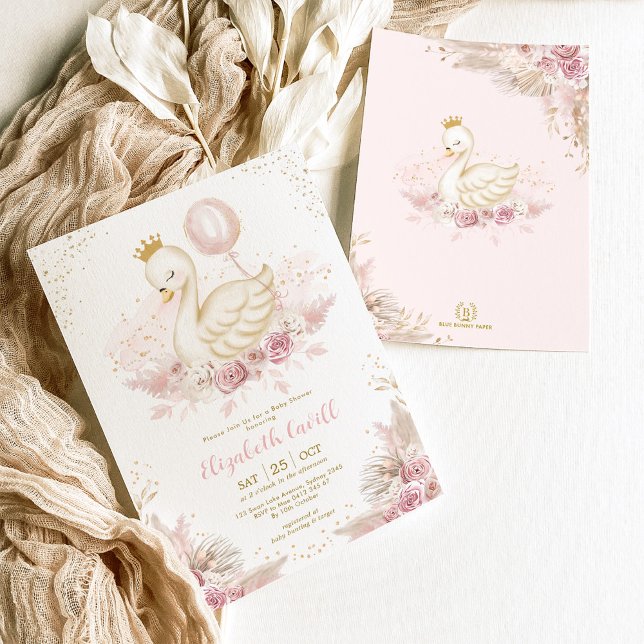 Blush Gold Swan Princess Balloon Girl Baby Shower Invitation (Creator Uploaded)