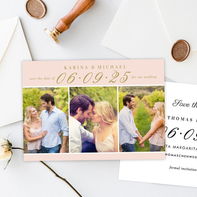 Blush Gold Three Photo Collage Wedding Save The Date (Creator Uploaded)