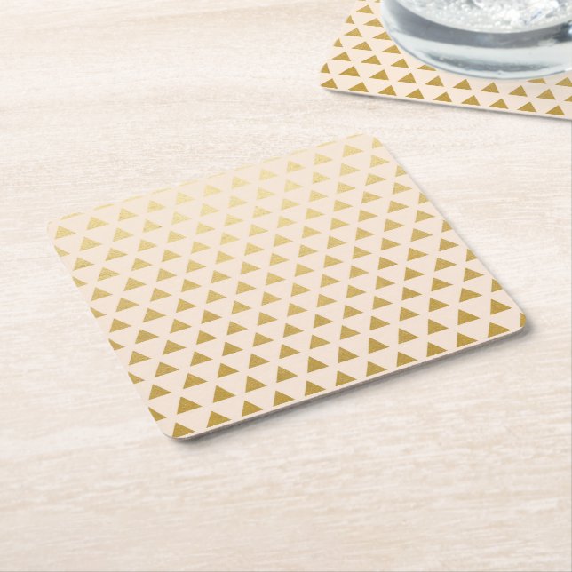 Blush + Gold Triangles Square Paper Coaster (Angled)